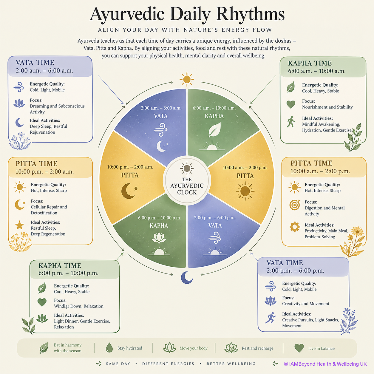 A clock-style image showing the cycles of doshas and energies throughout the course of the day