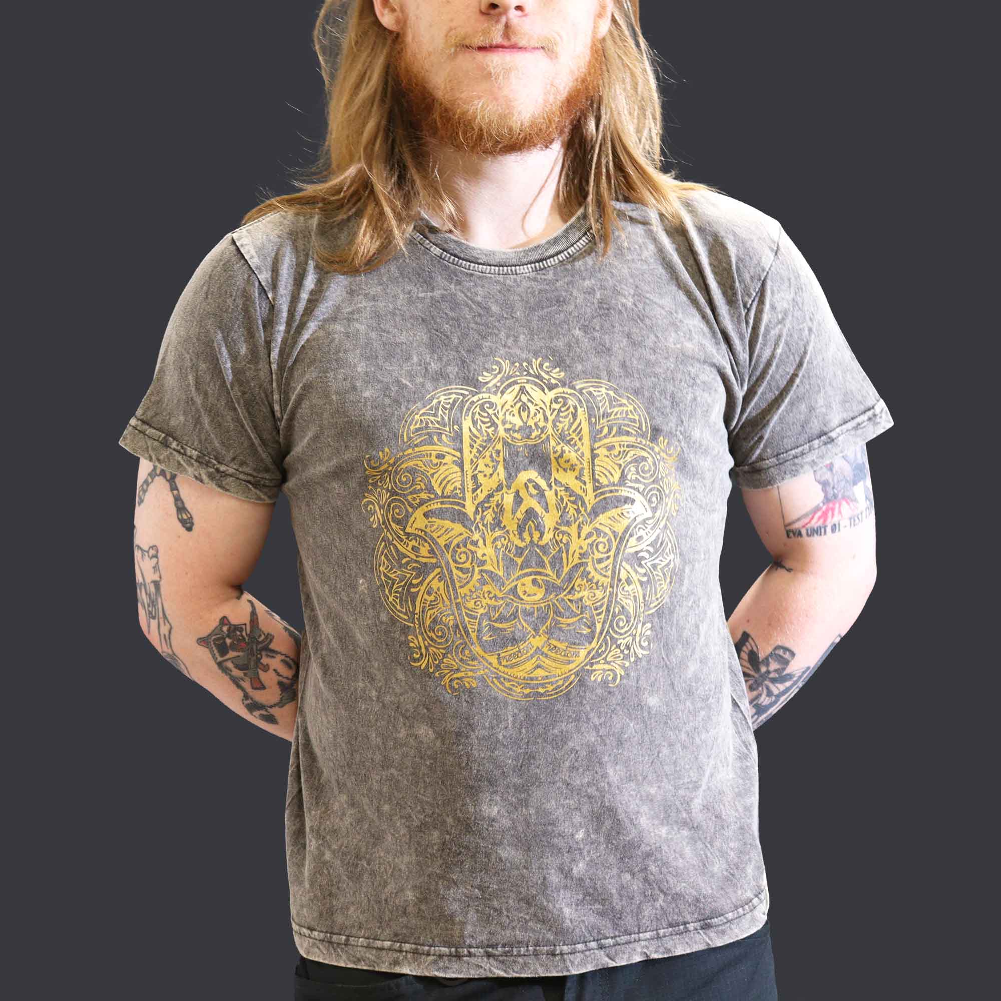 Stonewashed Nomad Sari T-Shirts - 100% Cotton, Made in Nepal - Hamsa Hand Design
