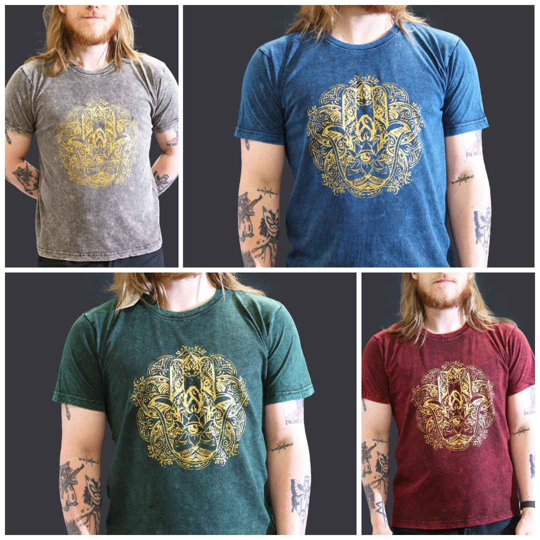 Stonewashed Nomad Sari T-Shirts - 100% Cotton, Made in Nepal - Hamsa Hand Design