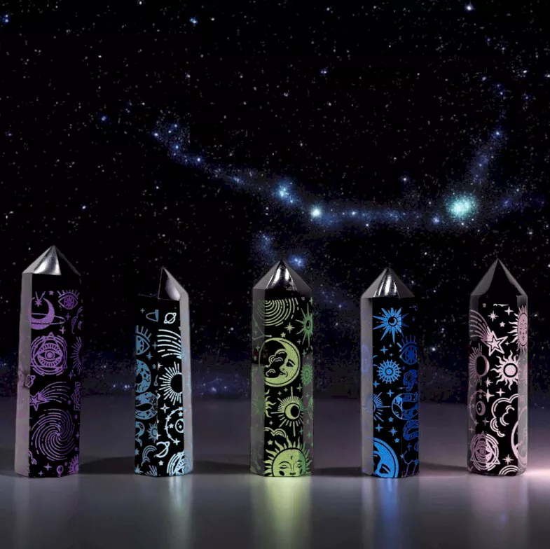 Black Obsidian Ornate Crystal Points 9cm - Colour-engraved