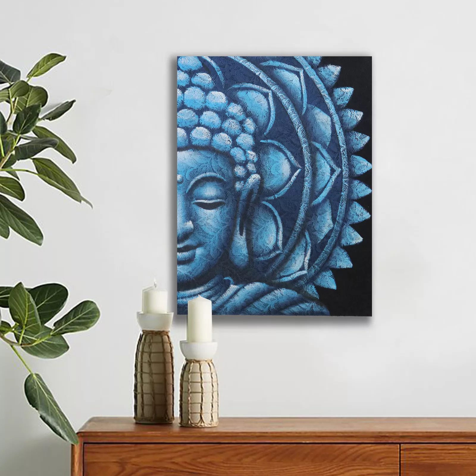60x80cm Buddha Face Painting (Acrylic on Canvas) - Mandala Design