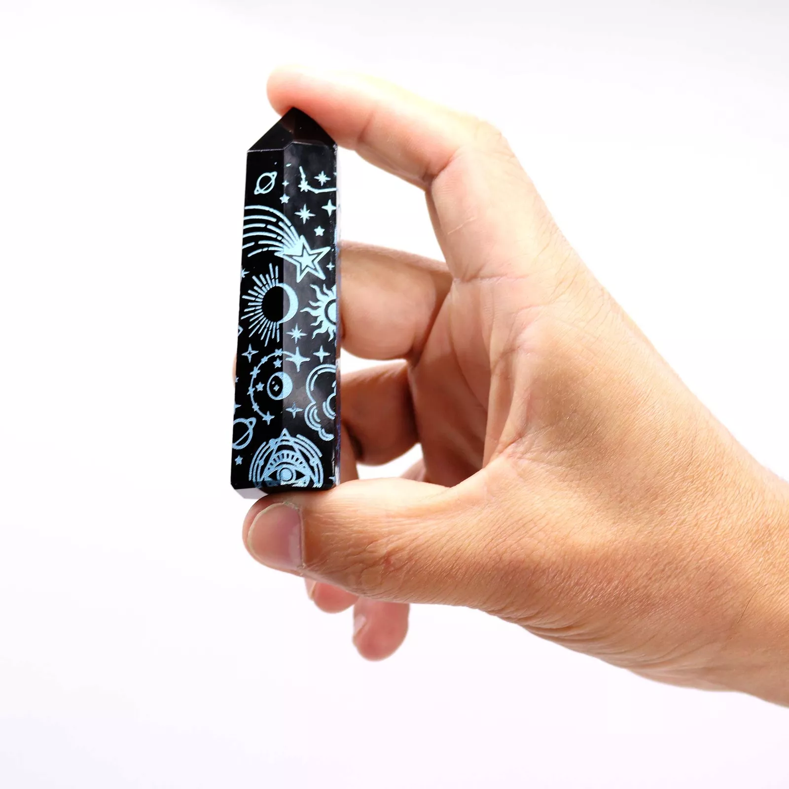 Black Obsidian Ornate Crystal Points 9cm - Colour-engraved