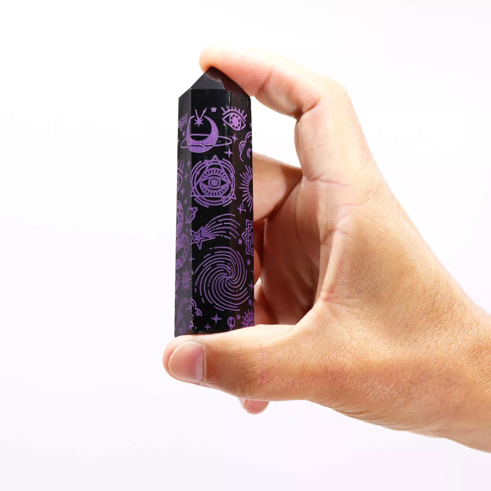 Black Obsidian Ornate Crystal Points 9cm - Colour-engraved