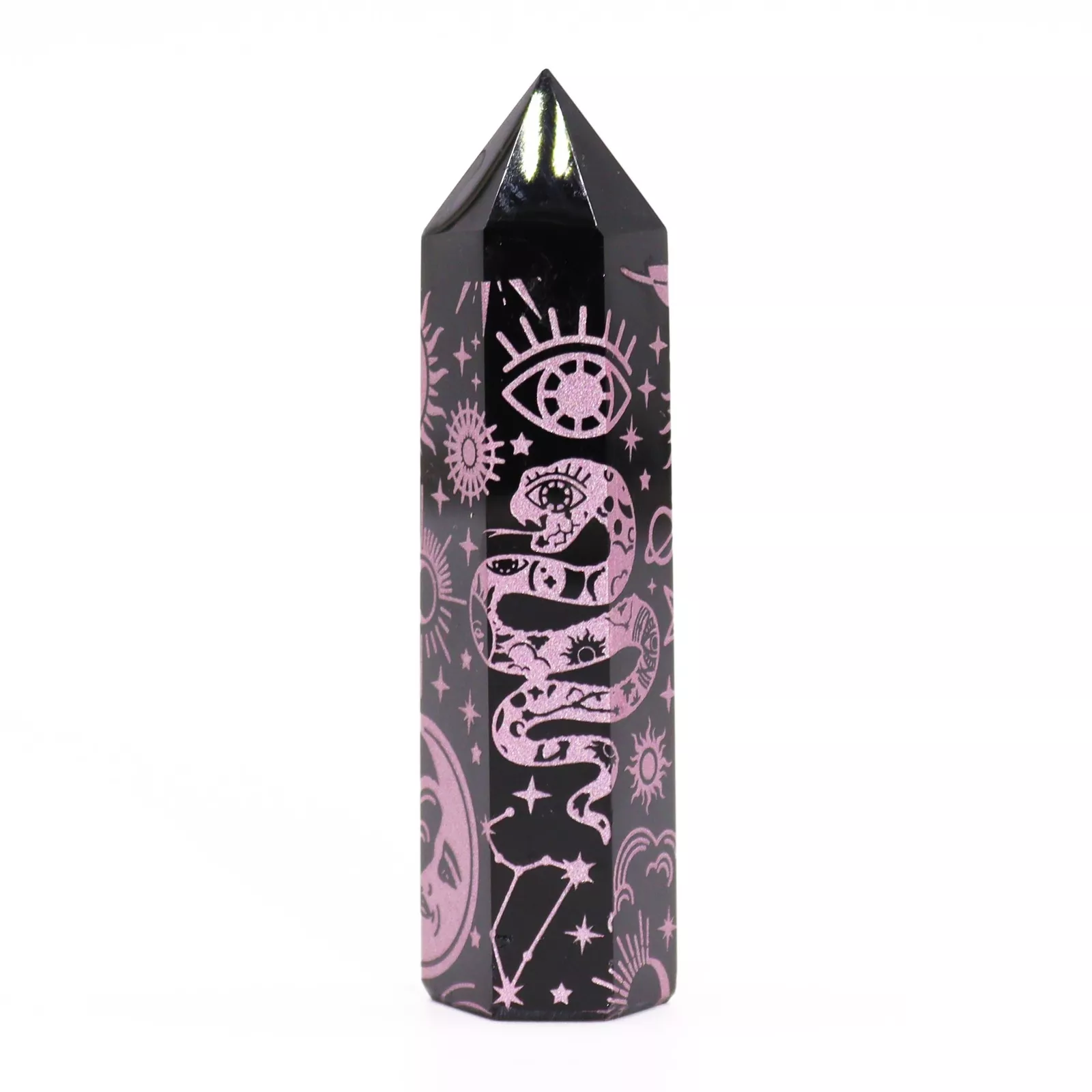 Black Obsidian Ornate Crystal Points 9cm - Colour-engraved
