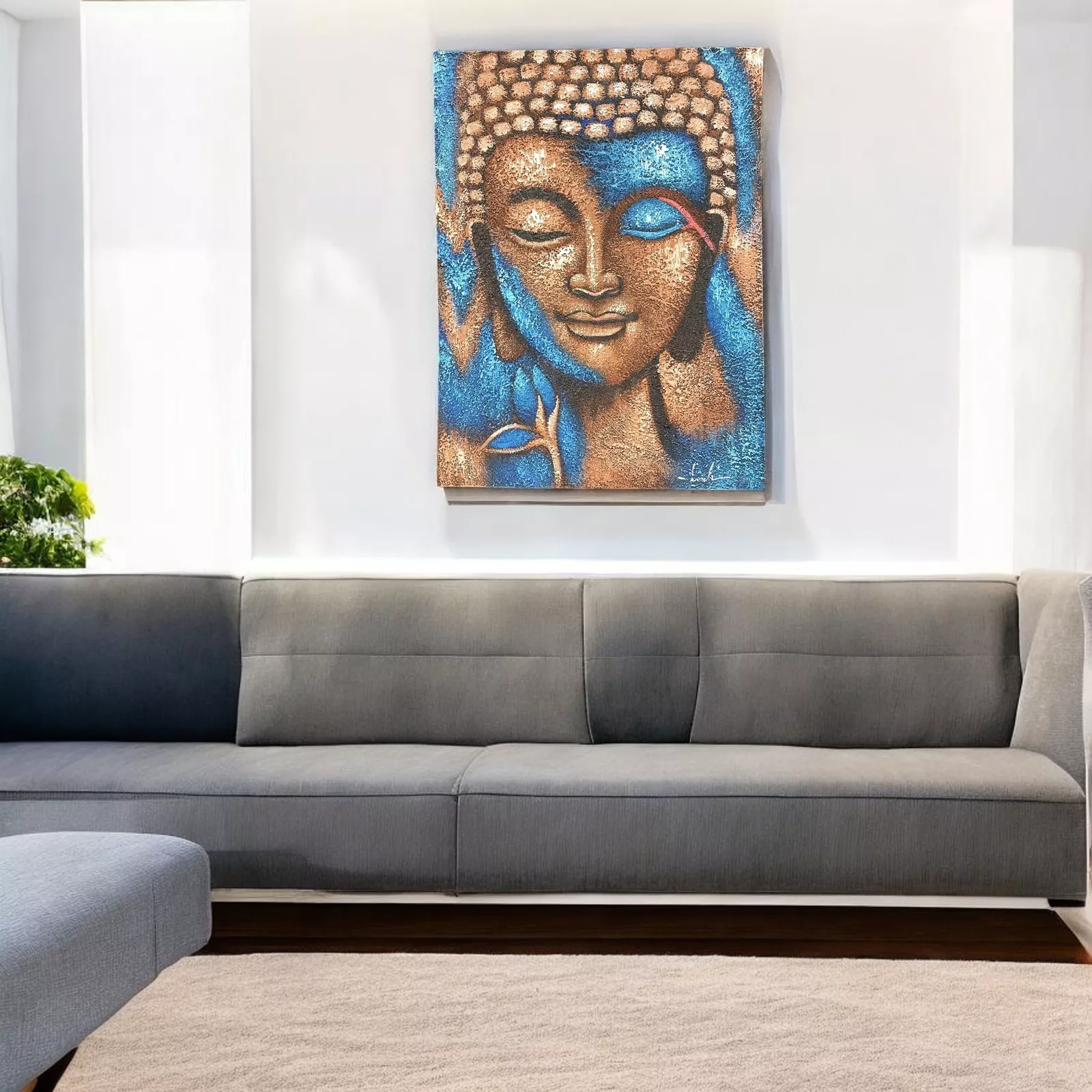 images 75x55cm Abstract Buddha Head & Flower Painting