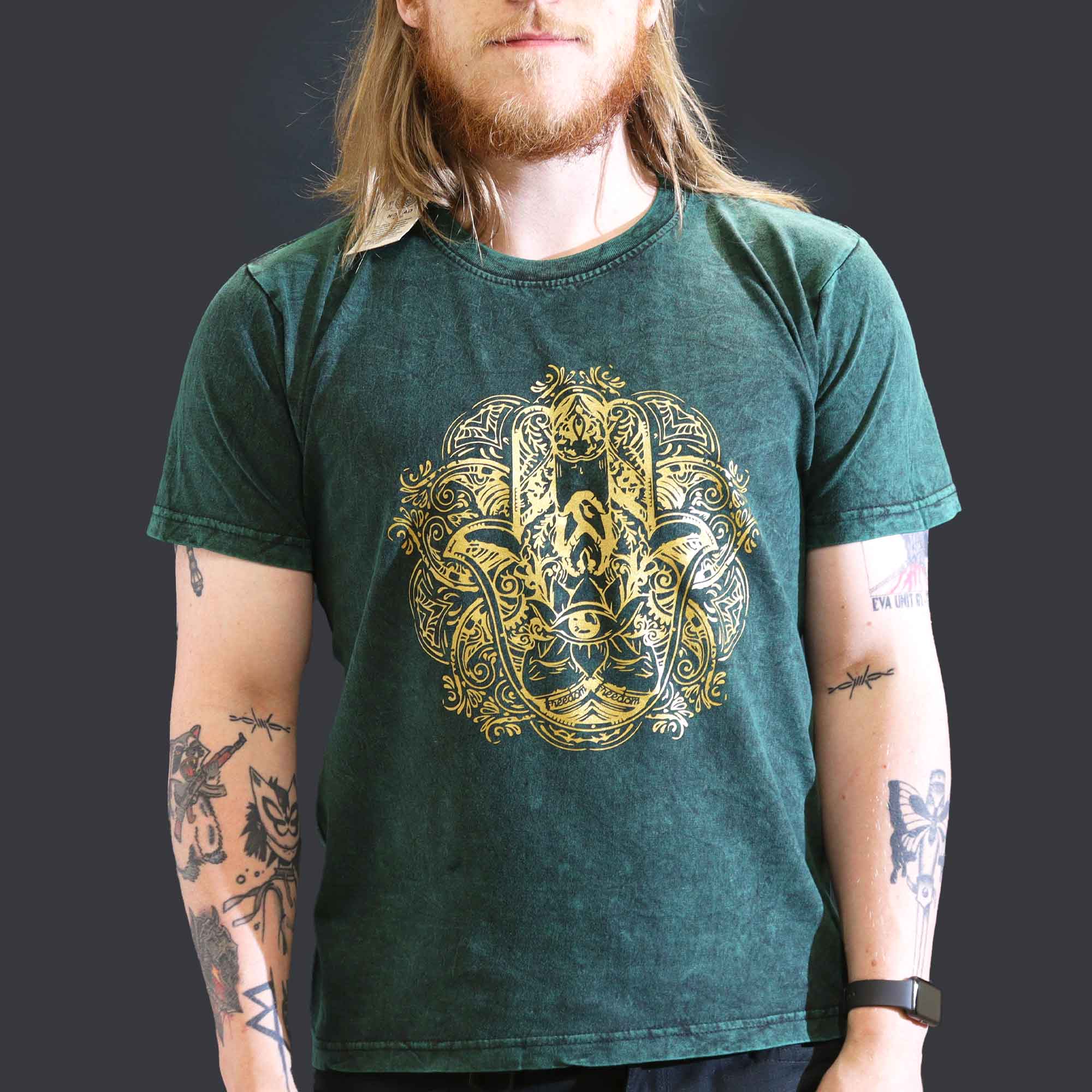 Stonewashed Nomad Sari T-Shirts - 100% Cotton, Made in Nepal - Hamsa Hand Design
