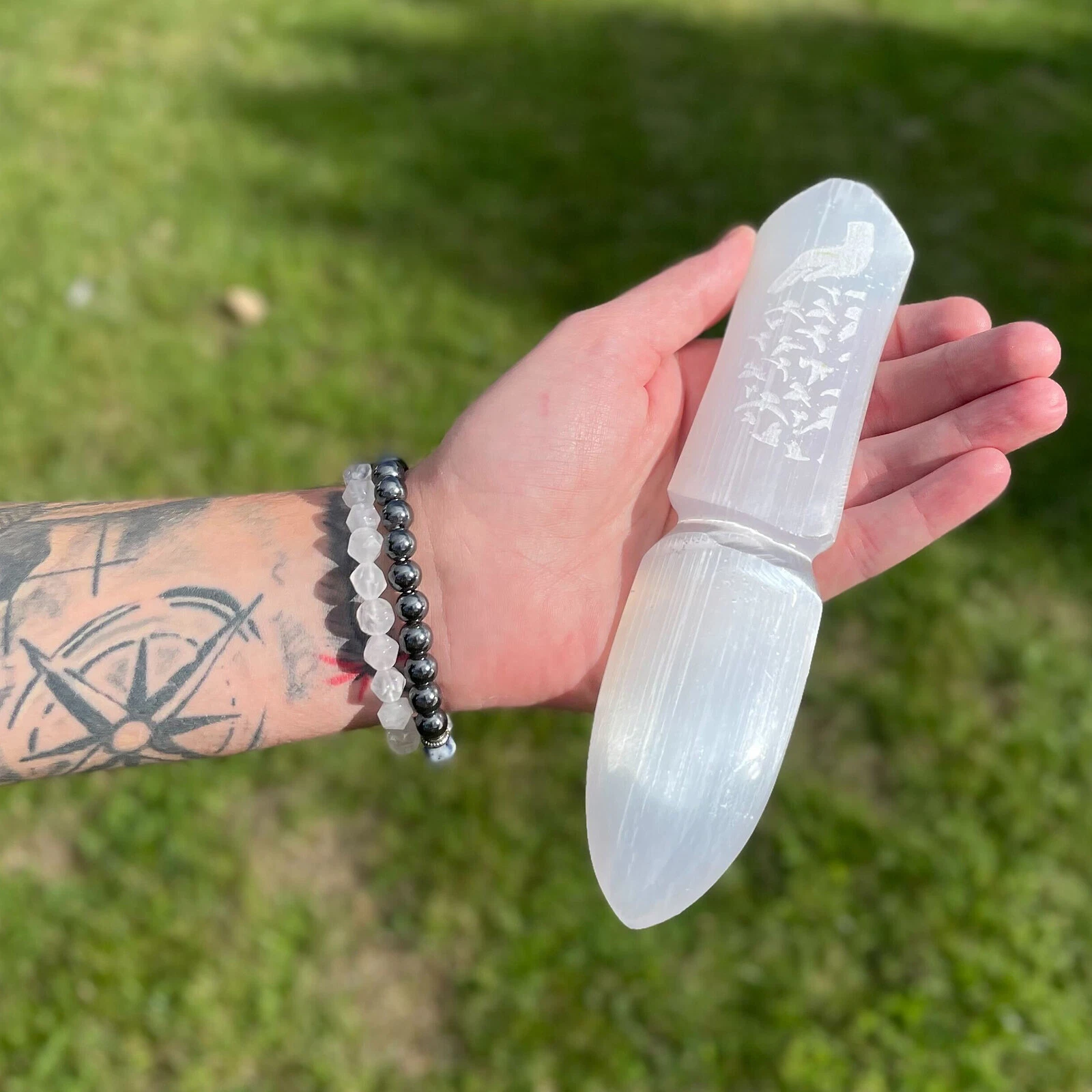 images Engraved 20cm Selenite Ritual Knife (Athame) - [Wicca/Pagan, Witchcraft/Spells)