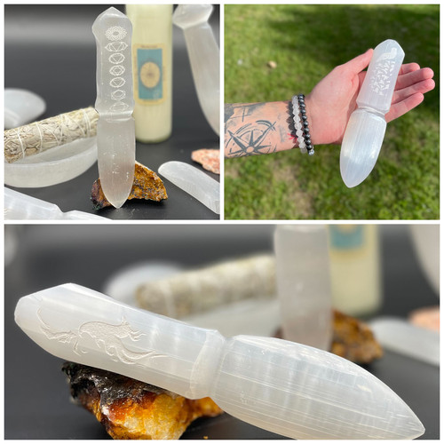 Engraved 20cm Selenite Ritual Knife (Athame) - [Wicca/Pagan, Witchcraft/Spells)
