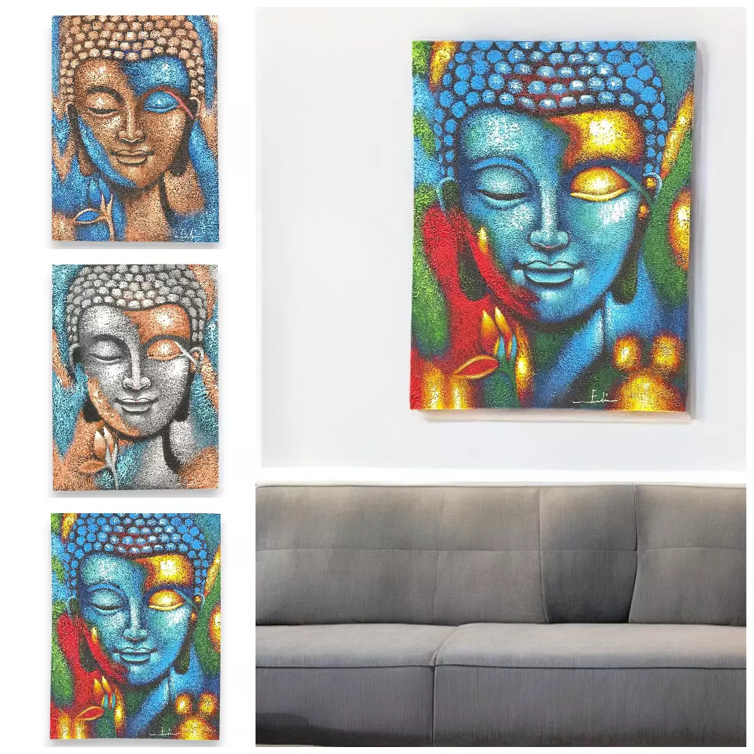 75x55cm Abstract Buddha Head & Flower Painting