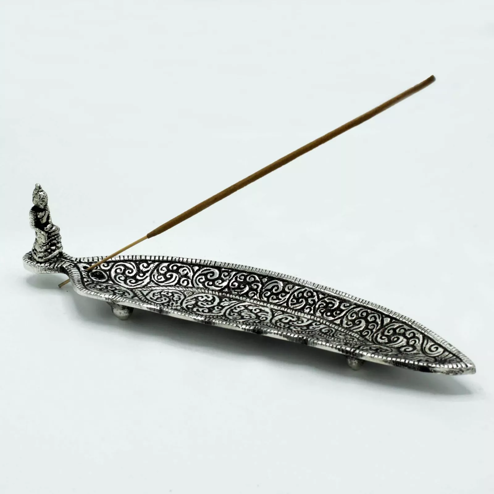Buddha Figure Peacock Feather Incense Stick Holder (Polished Aluminium)