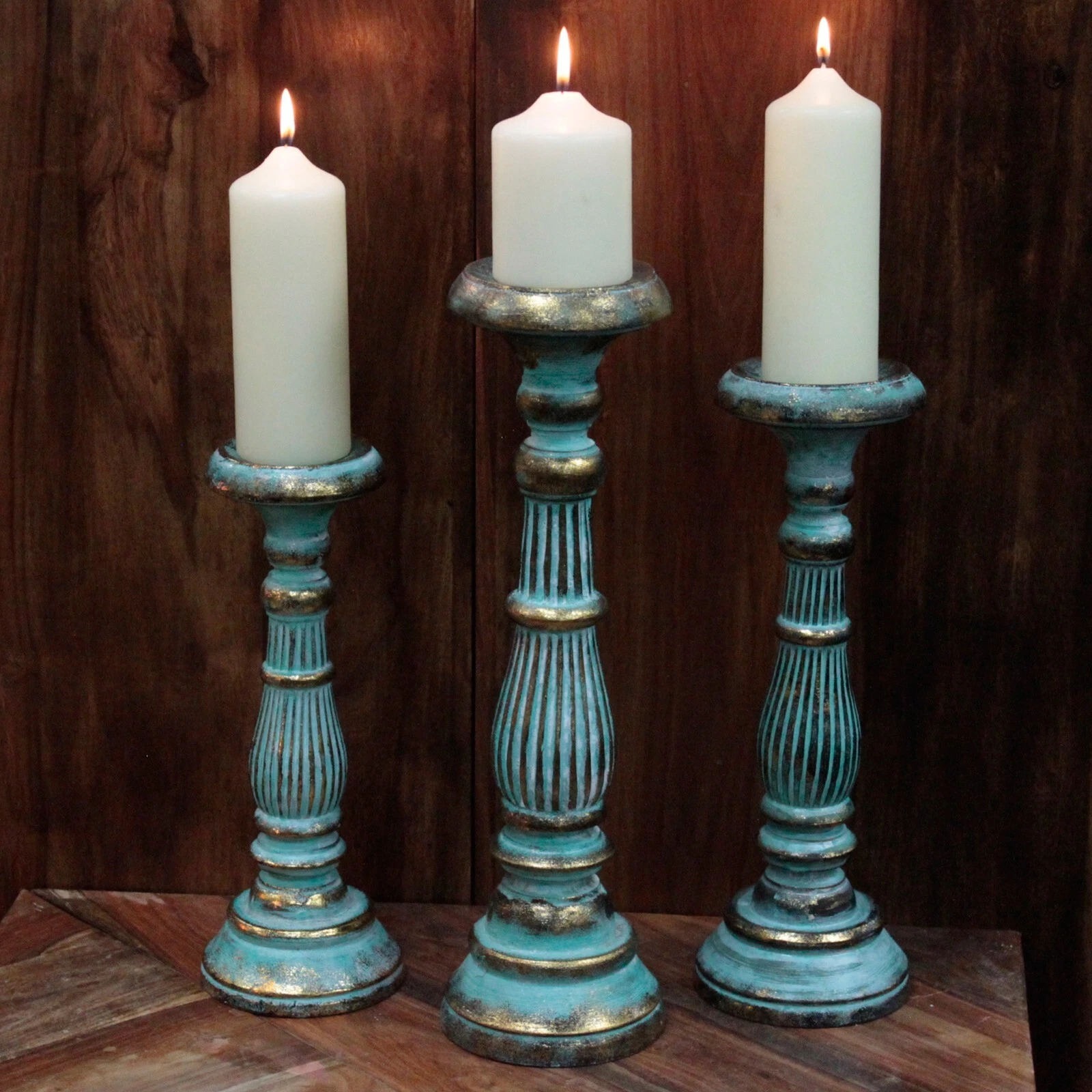 Wooden Vintage Candle Stands/Centrepieces - Turquoise/Gold & White/Gold