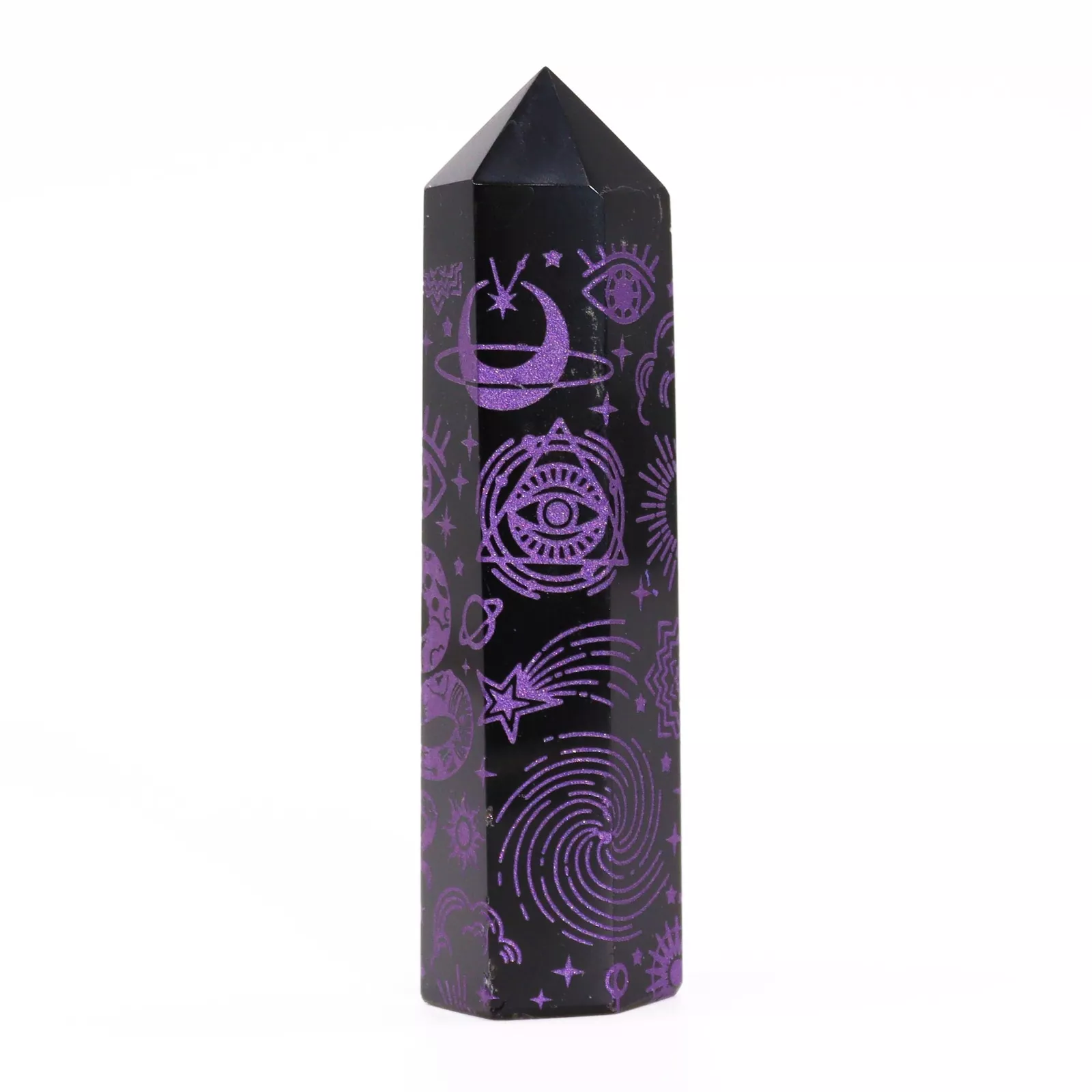 Black Obsidian Ornate Crystal Points 9cm - Colour-engraved
