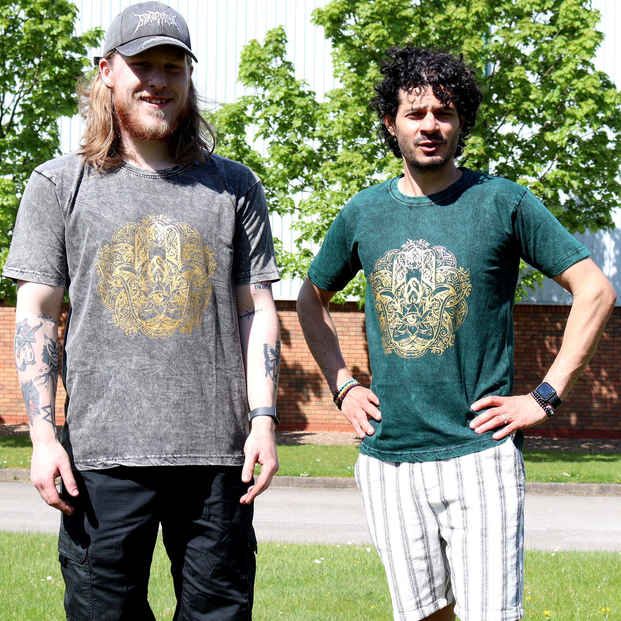 Stonewashed Nomad Sari T-Shirts - 100% Cotton, Made in Nepal - Hamsa Hand Design