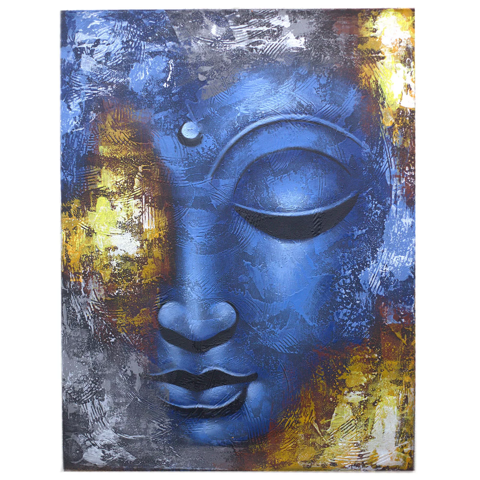60x80cm Buddha Head Painting - Abstract Acrylic on Canvas (Blue & Gold)
