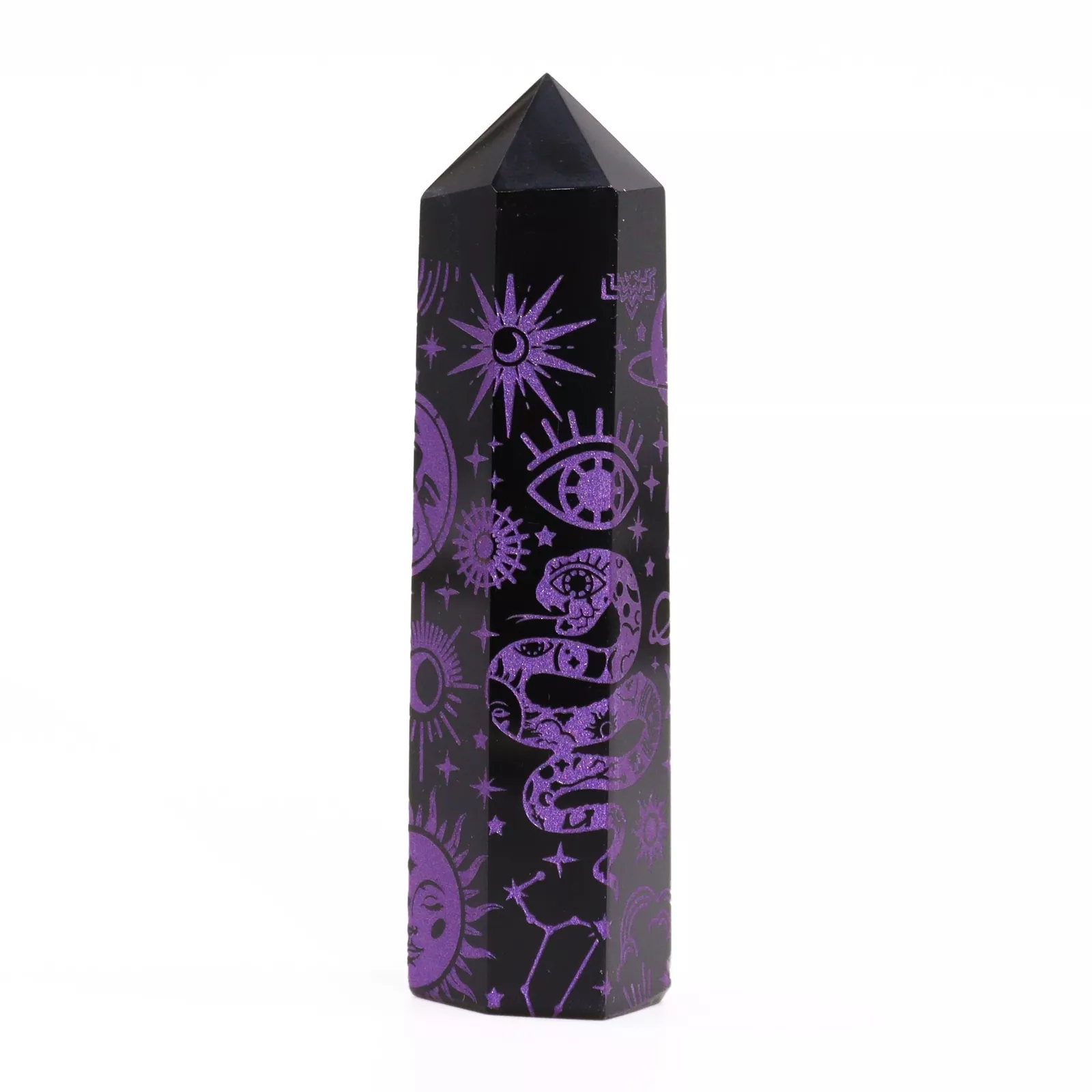Black Obsidian Ornate Crystal Points 9cm - Colour-engraved