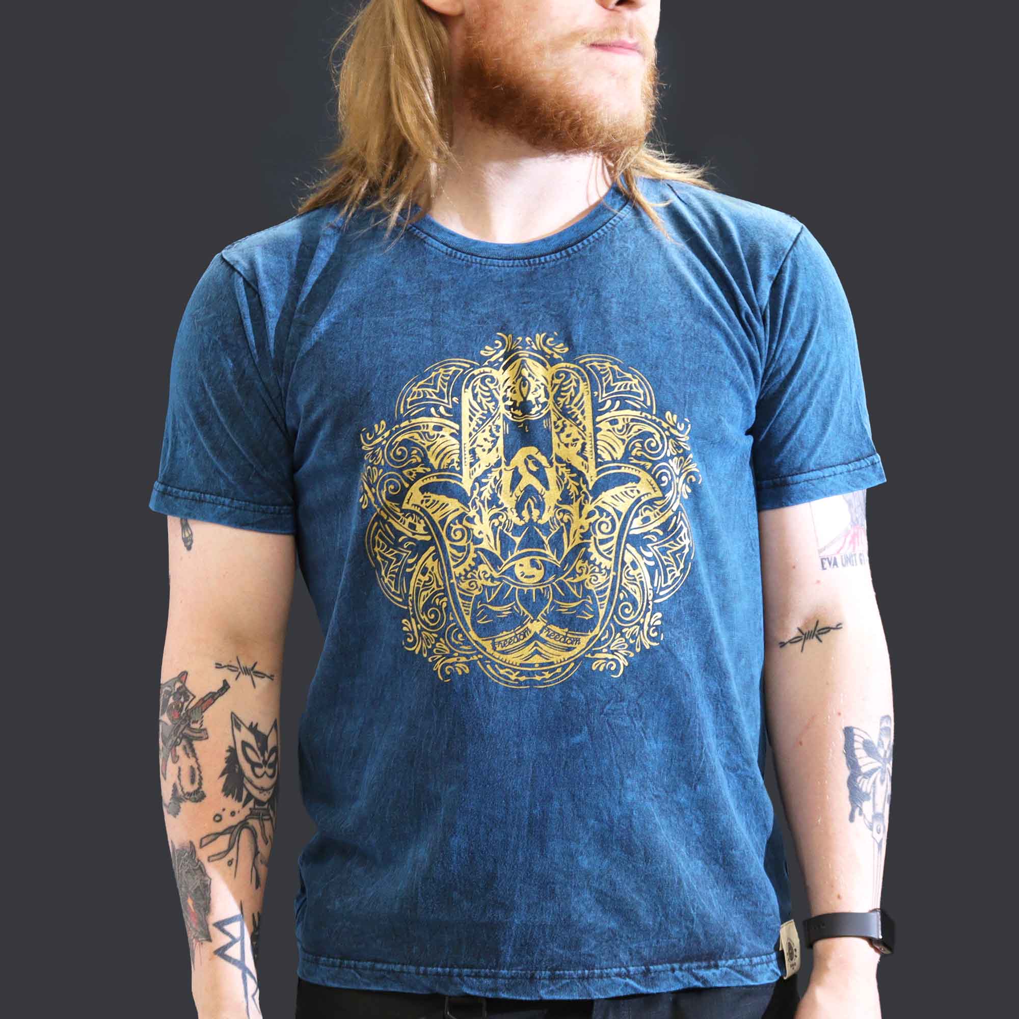 Stonewashed Nomad Sari T-Shirts - 100% Cotton, Made in Nepal - Hamsa Hand Design