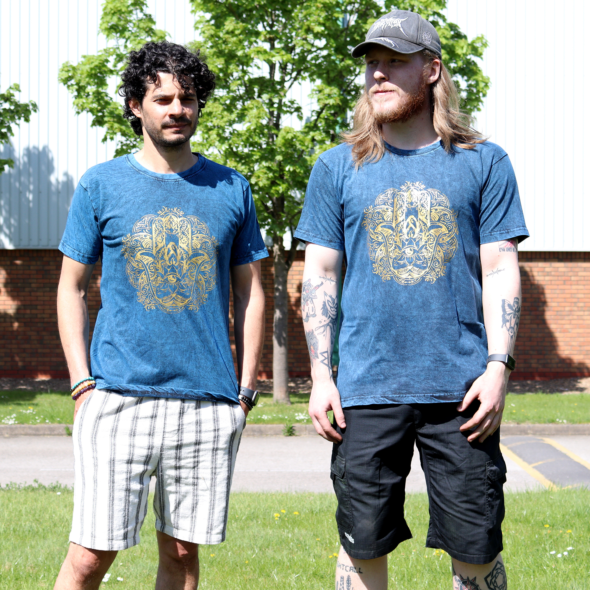 Stonewashed Nomad Sari T-Shirts - 100% Cotton, Made in Nepal - Hamsa Hand Design