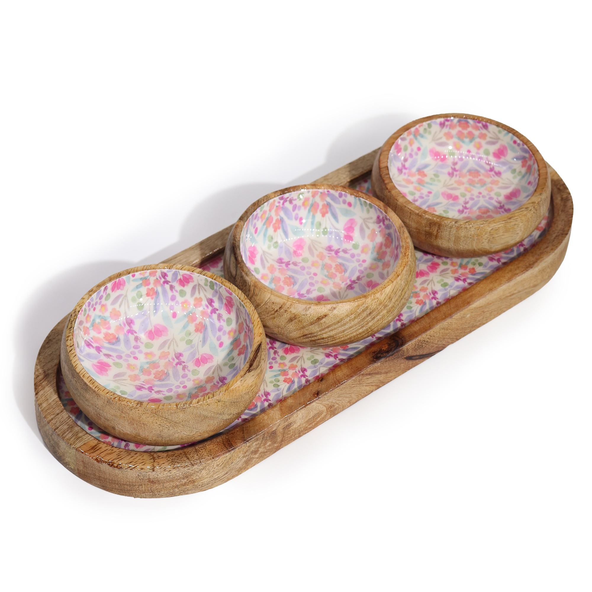Artisanal Mango Wood Serving Tray & 3 Bowls - for Tapas & Sushi or Decor