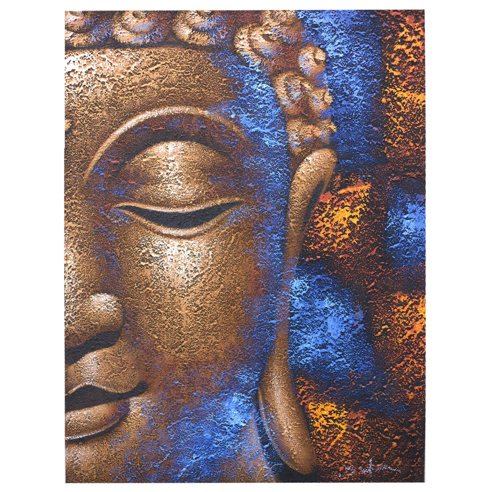 60x80cm Buddha Head Painting - Abstract Acrylic on Canvas (Copper & Blue)