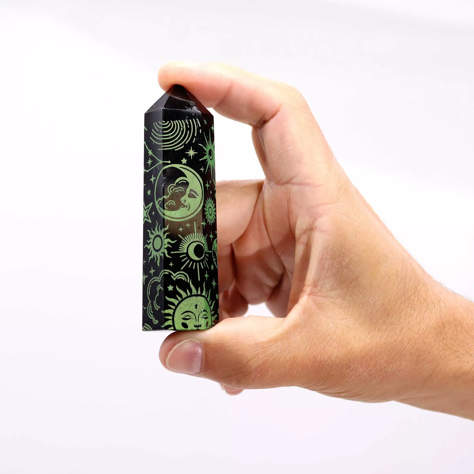 Black Obsidian Ornate Crystal Points 9cm - Colour-engraved