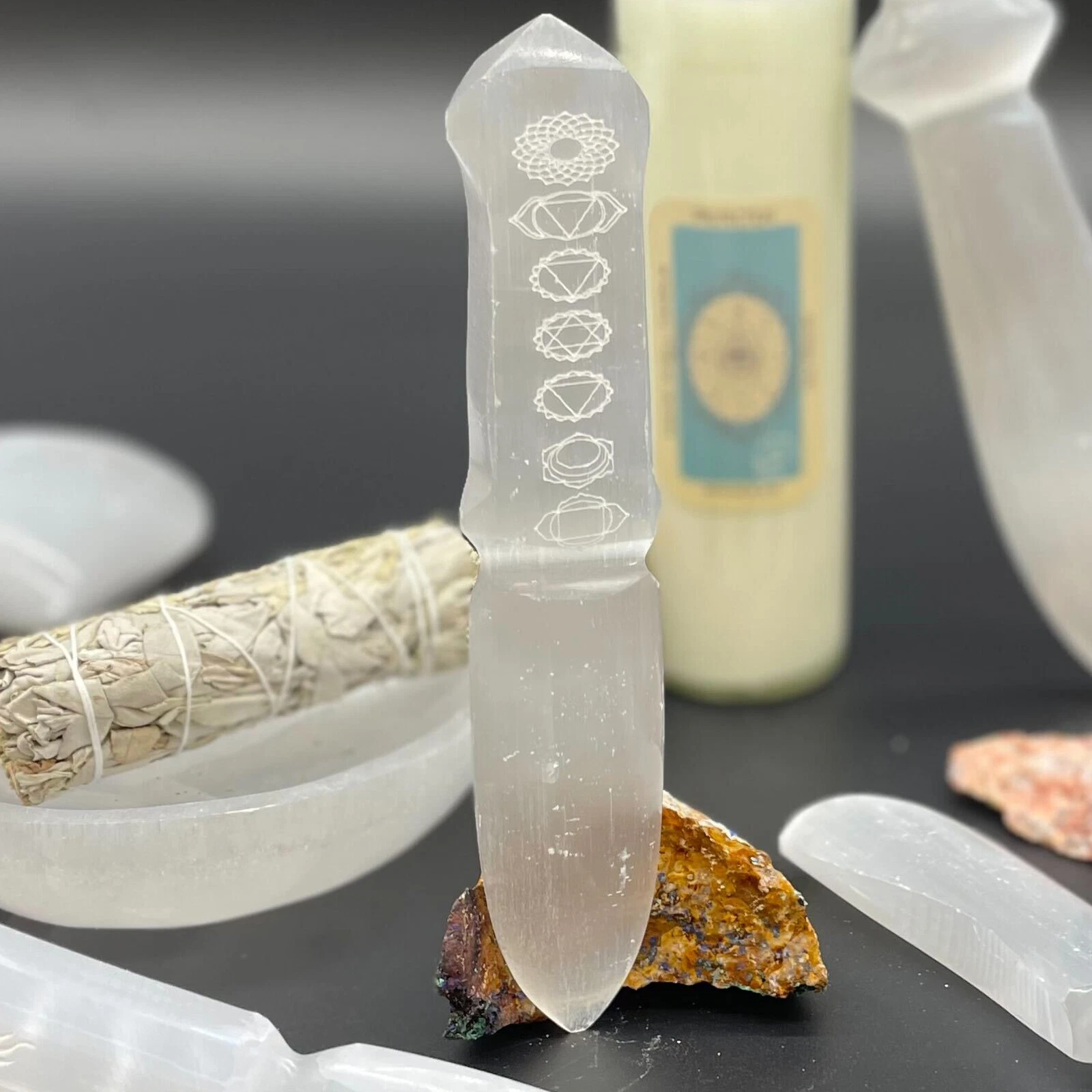 images Engraved 20cm Selenite Ritual Knife (Athame) - [Wicca/Pagan, Witchcraft/Spells)