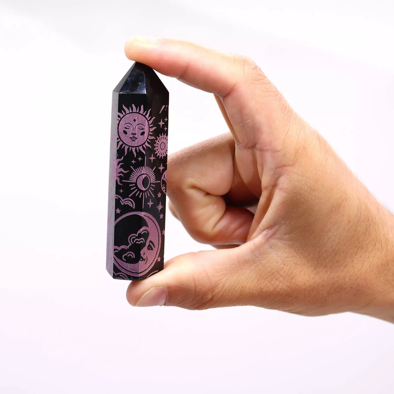 Black Obsidian Ornate Crystal Points 9cm - Colour-engraved