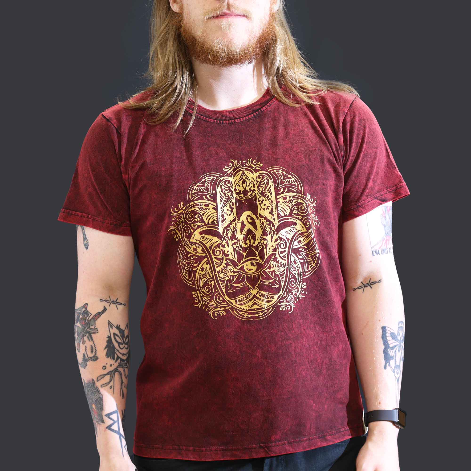 Stonewashed Nomad Sari T-Shirts - 100% Cotton, Made in Nepal - Hamsa Hand Design