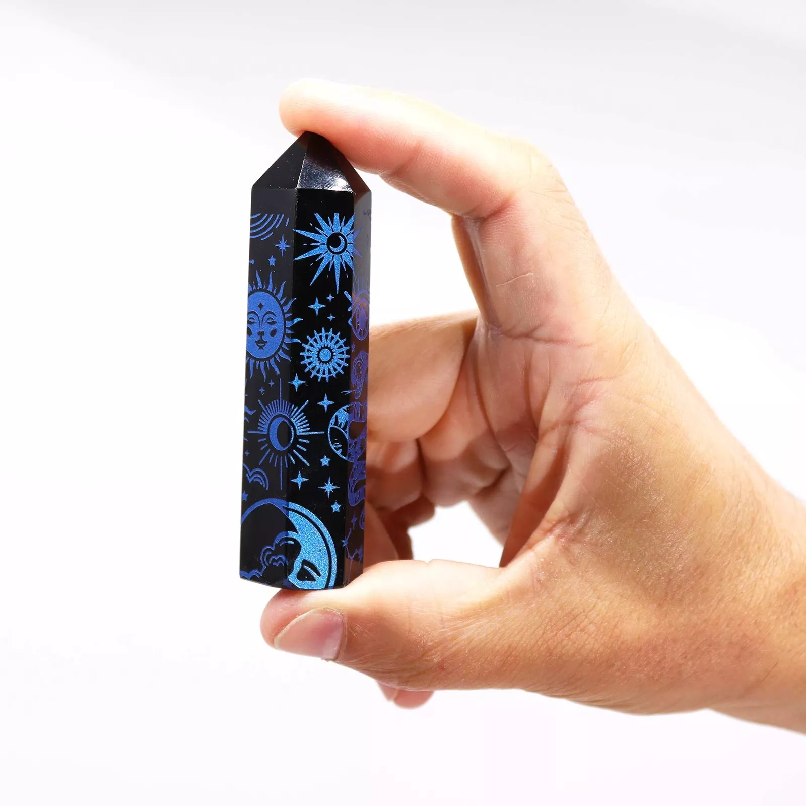 Black Obsidian Ornate Crystal Points 9cm - Colour-engraved