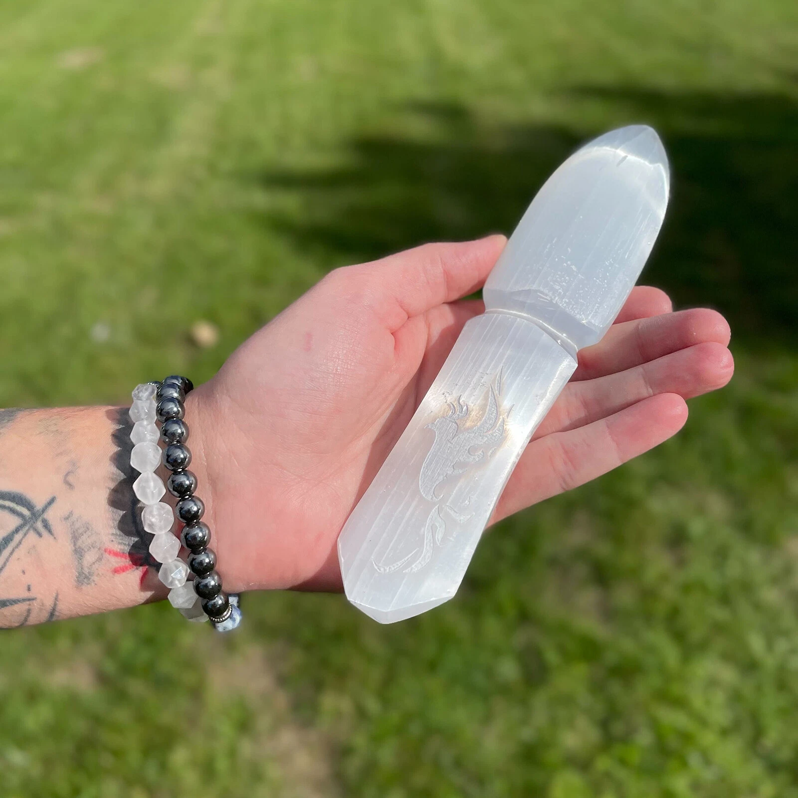 images Engraved 20cm Selenite Ritual Knife (Athame) - [Wicca/Pagan, Witchcraft/Spells)