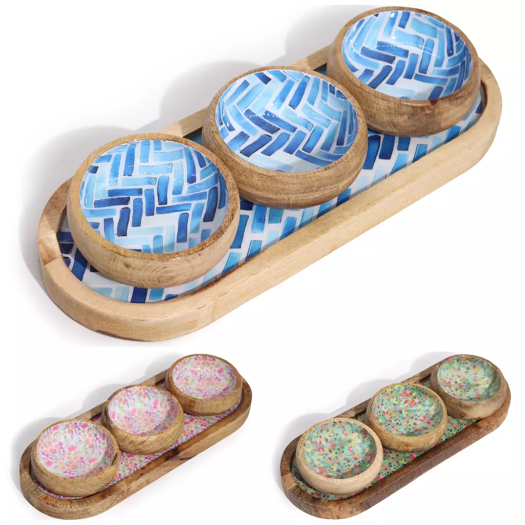 Artisanal Mango Wood Serving Tray & 3 Bowls - for Tapas & Sushi or Decor