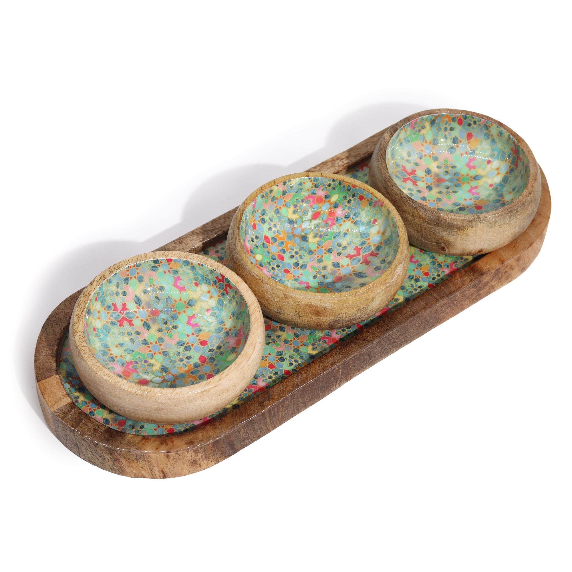 Artisanal Mango Wood Serving Tray & 3 Bowls - for Tapas & Sushi or Decor