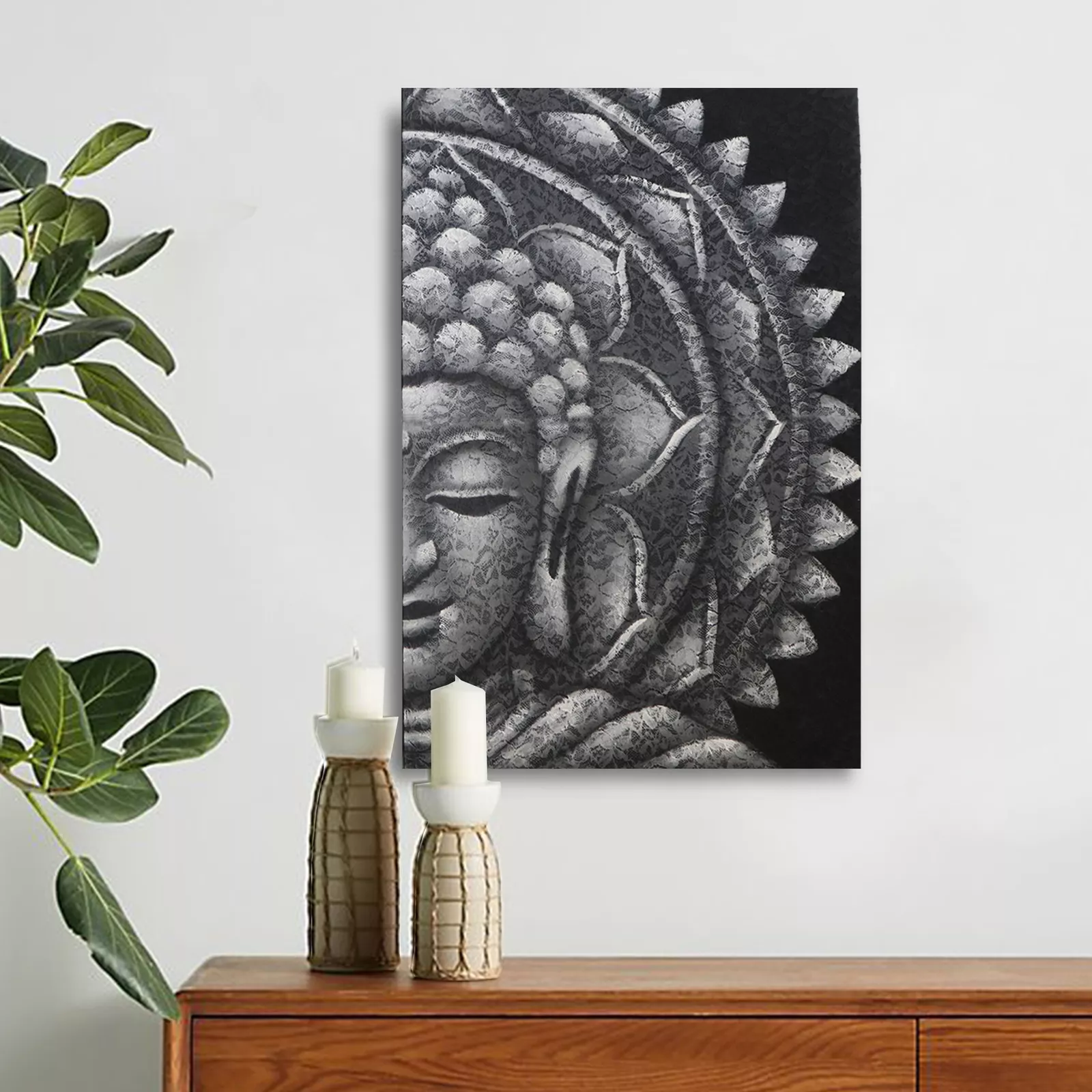 60x80cm Buddha Face Painting (Acrylic on Canvas) - Mandala Design