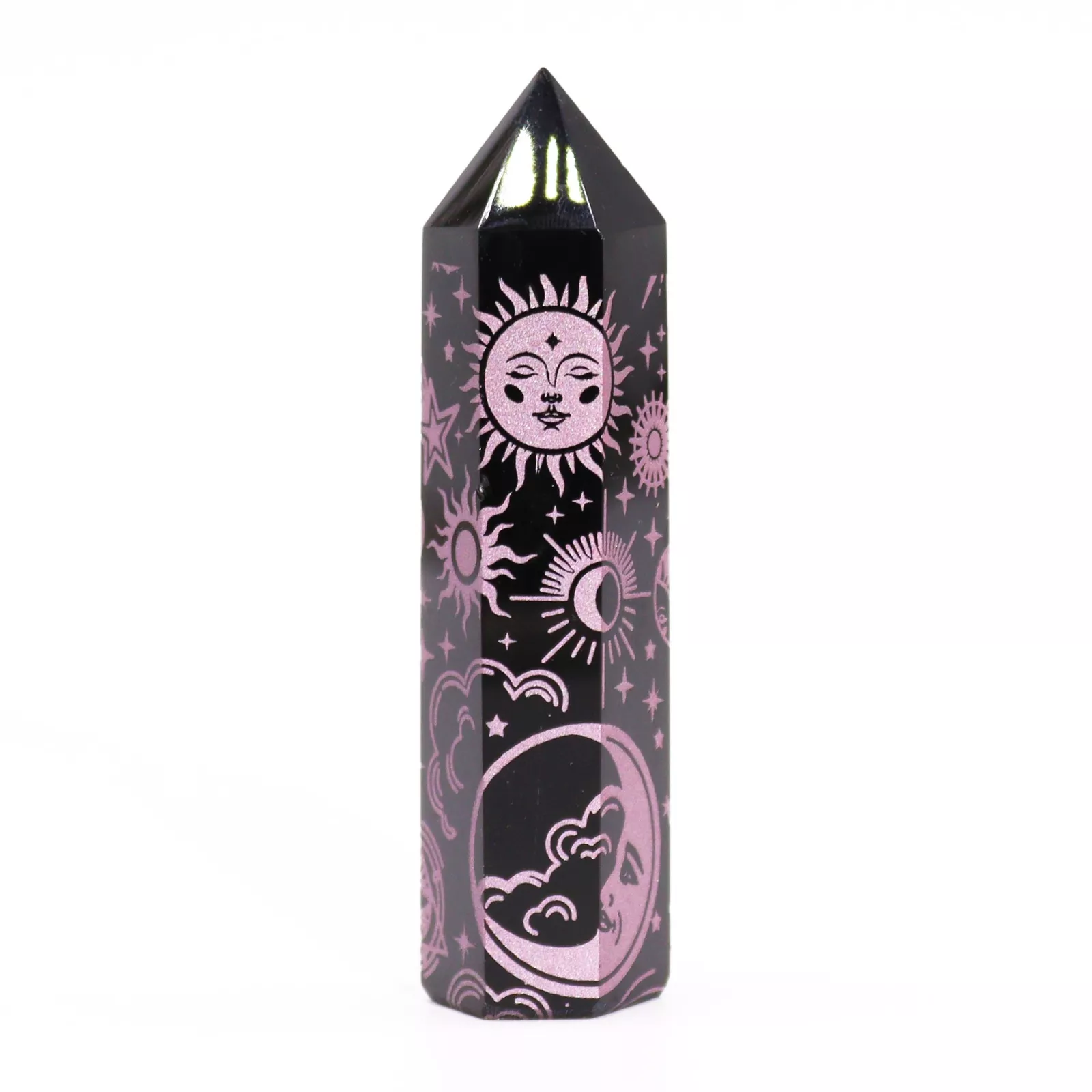 Black Obsidian Ornate Crystal Points 9cm - Colour-engraved