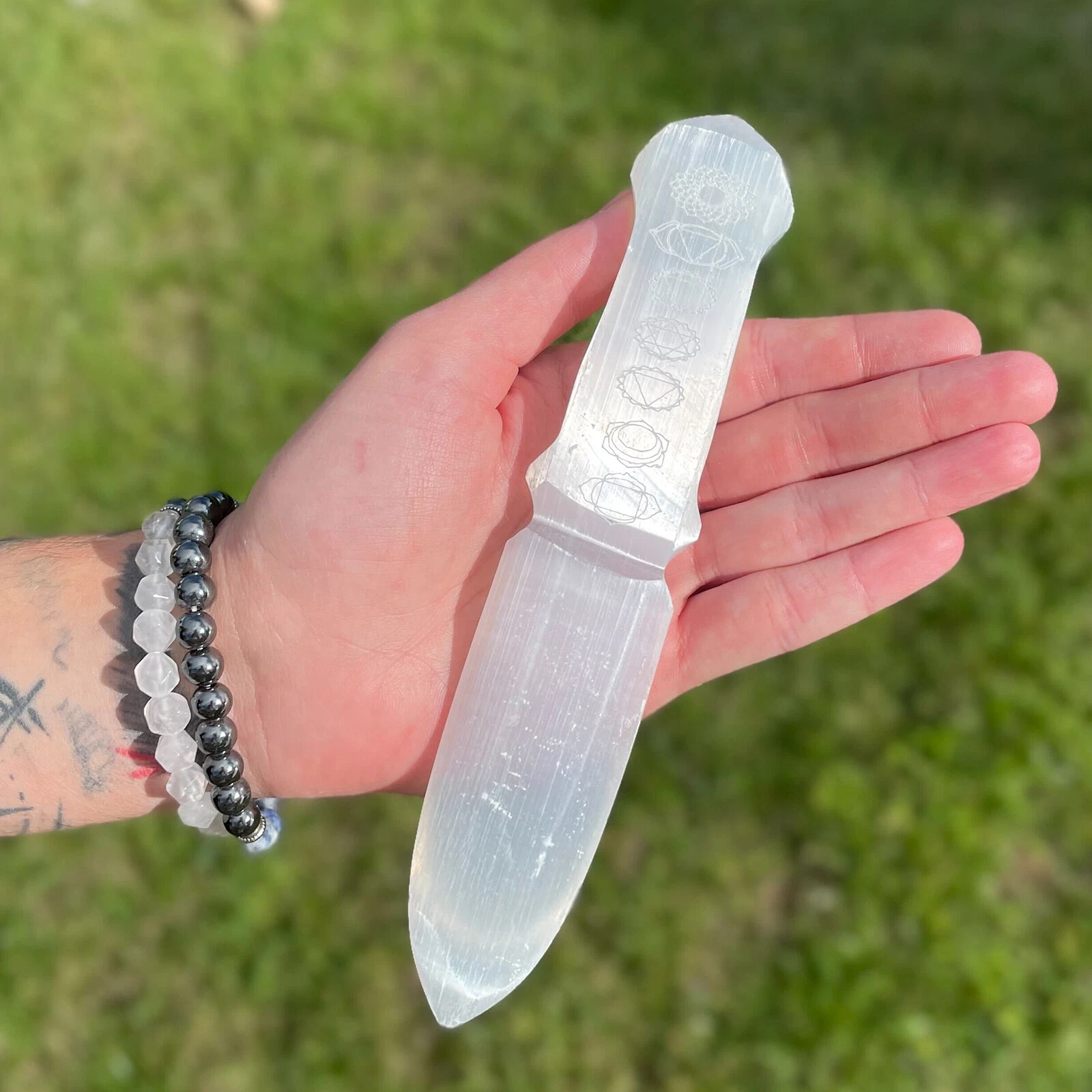 images Engraved 20cm Selenite Ritual Knife (Athame) - [Wicca/Pagan, Witchcraft/Spells)